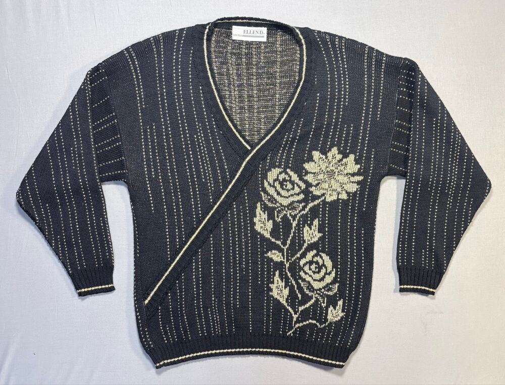 Vintage Ellen D. Gold Rose and Stripe Graphic V-Neck Sweater Women's Size Med